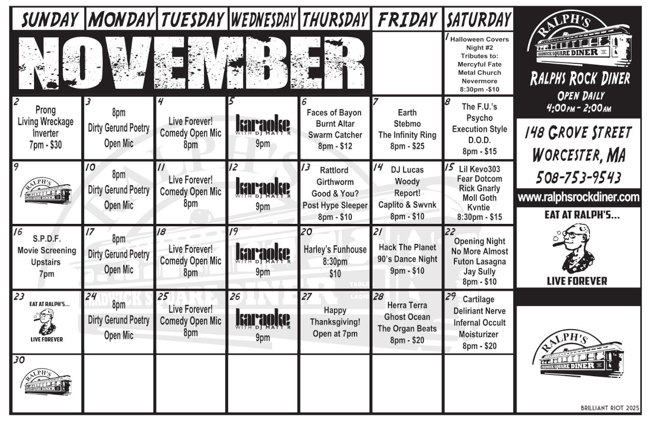Ralph's Diner Monthly Event Calendar