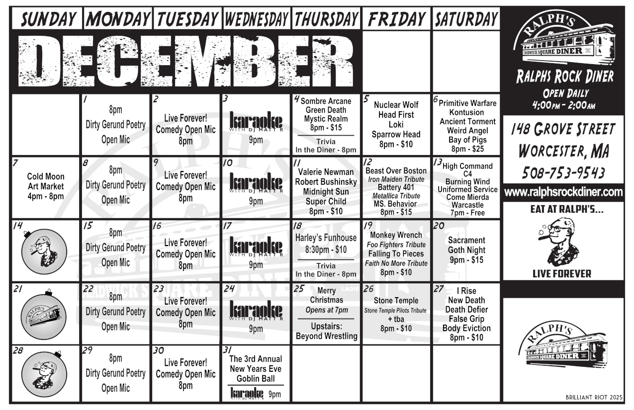 Ralph's Diner Monthly Event Calendar