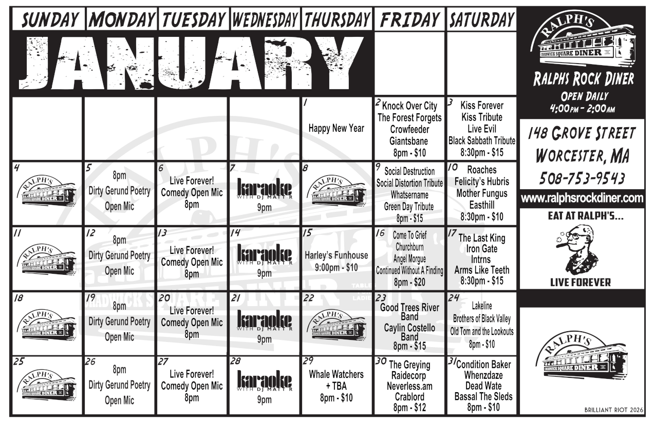 Ralph's Diner Monthly Event Calendar