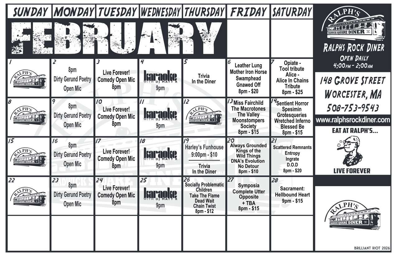 Ralph's Diner Monthly Event Calendar